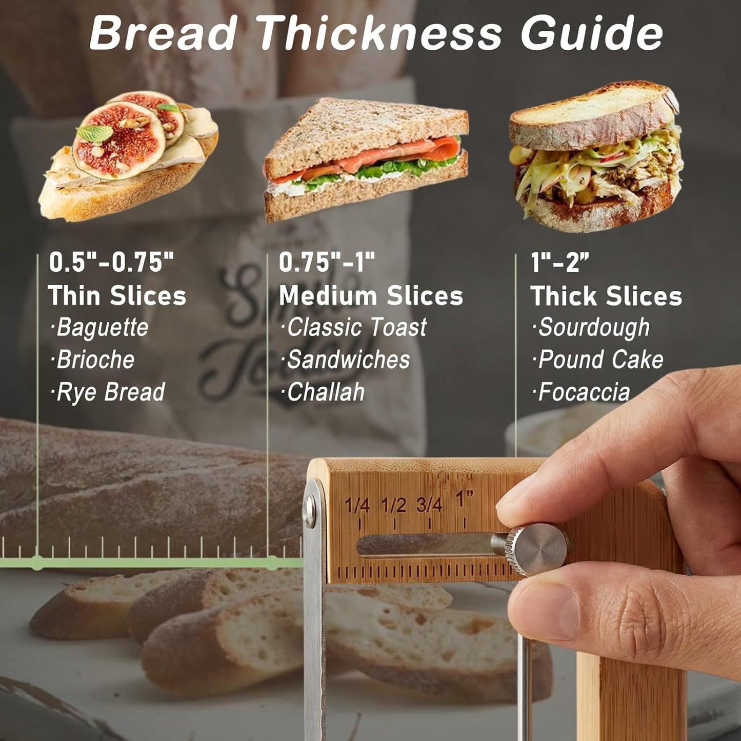 Ideal Swan Cookie Adjustable Bread Knife, Sourdough Wooden Bread Knife | Upgraded bread slicer for homemade & sourdough, thickness guide, bread cutter with stainless steel serrated blade baguettes