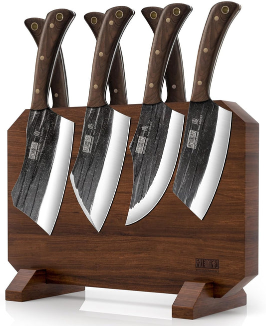 8PCS Butcher Kitchen Knife Set, Sharp Magnetic Knife Block Set | Hand Forged High Carbon Stainless Steel Chef Knives Set with Meat Cleaver Knife & Bone Chopper Knives Gift for Men