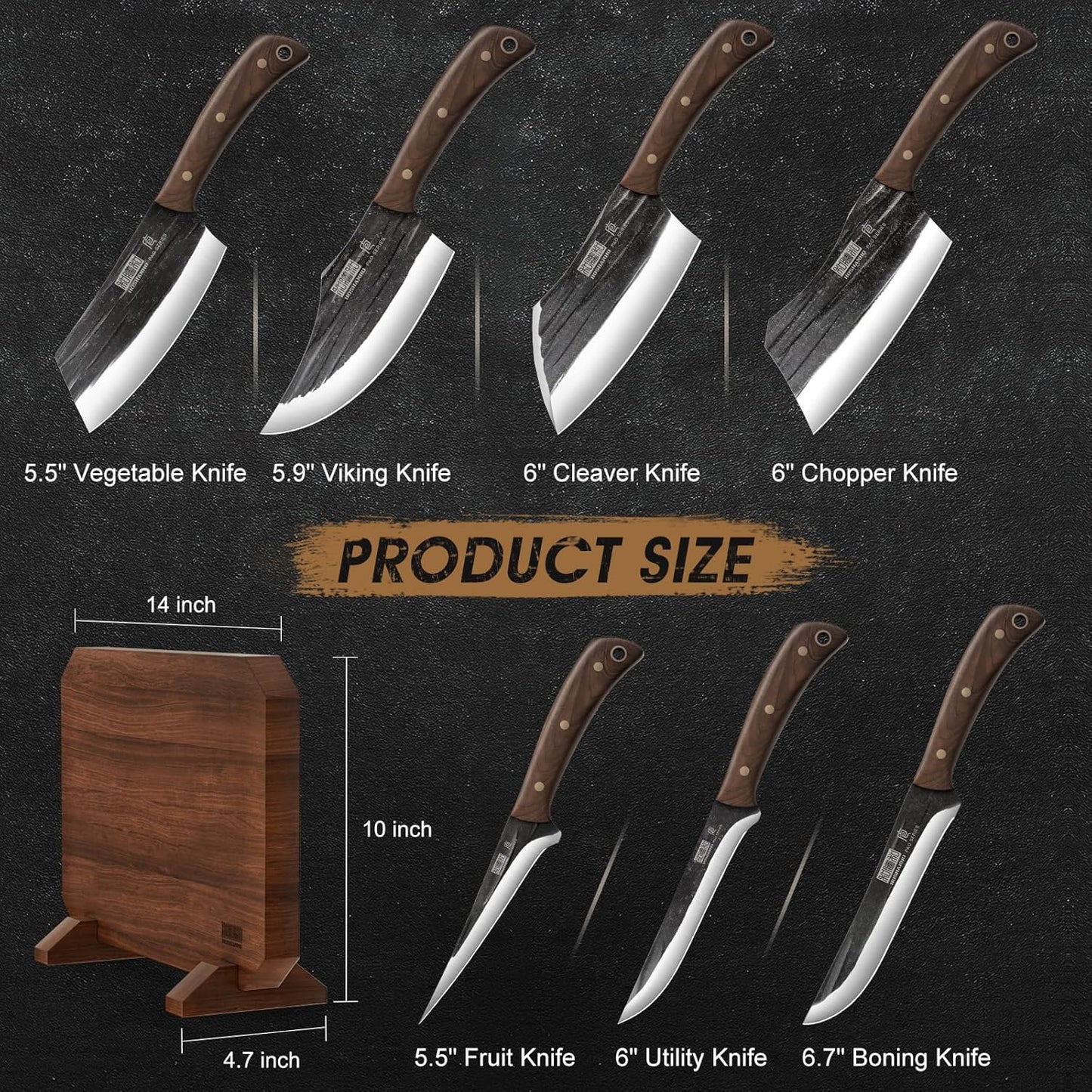 8PCS Butcher Kitchen Knife Set, Sharp Magnetic Knife Block Set | Hand Forged High Carbon Stainless Steel Chef Knives Set with Meat Cleaver Knife & Bone Chopper Knives Gift for Men