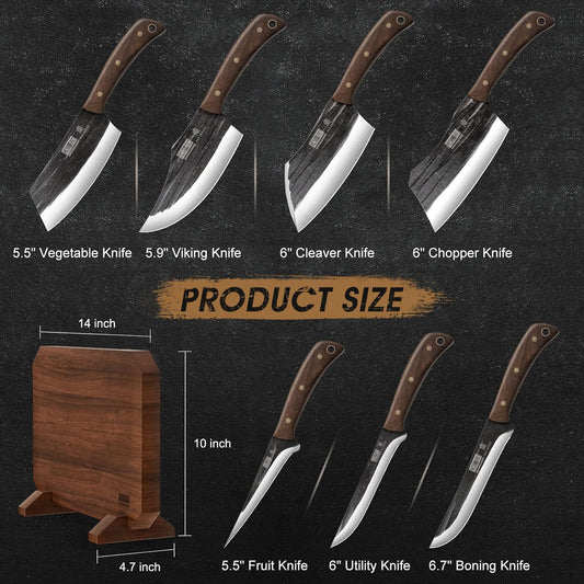 8PCS Butcher Kitchen Knife Set, Sharp Magnetic Knife Block Set | Hand Forged High Carbon Stainless Steel Chef Knives Set with Meat Cleaver Knife & Bone Chopper Knives Gift for Men