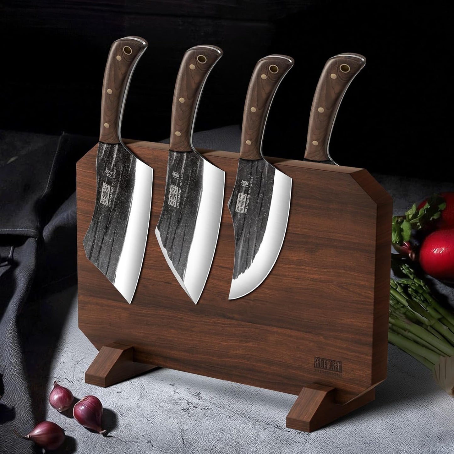 8PCS Butcher Kitchen Knife Set, Sharp Magnetic Knife Block Set | Hand Forged High Carbon Stainless Steel Chef Knives Set with Meat Cleaver Knife & Bone Chopper Knives Gift for Men