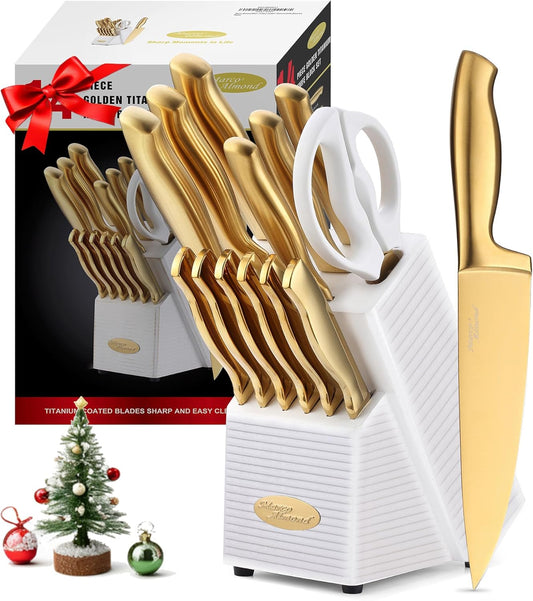 ® Gold Knife Set, Knife Block Set MA21,Titanium Coated 14 Pieces Stainless Steel Chef Gold Kitchen Knife Sets with White Block