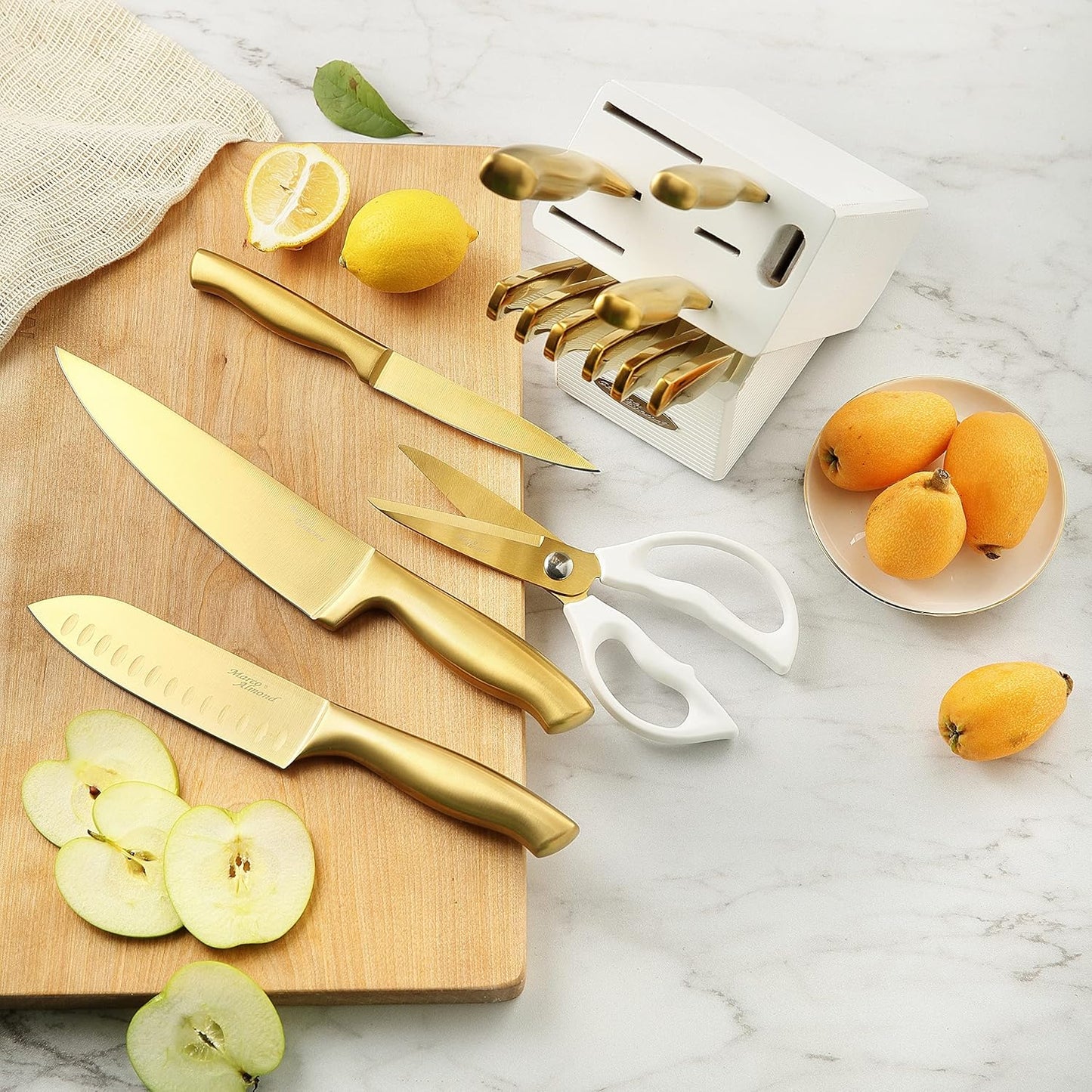 ® Gold Knife Set, Knife Block Set MA21,Titanium Coated 14 Pieces Stainless Steel Chef Gold Kitchen Knife Sets with White Block
