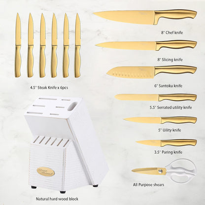 ® Gold Knife Set, Knife Block Set MA21,Titanium Coated 14 Pieces Stainless Steel Chef Gold Kitchen Knife Sets with White Block