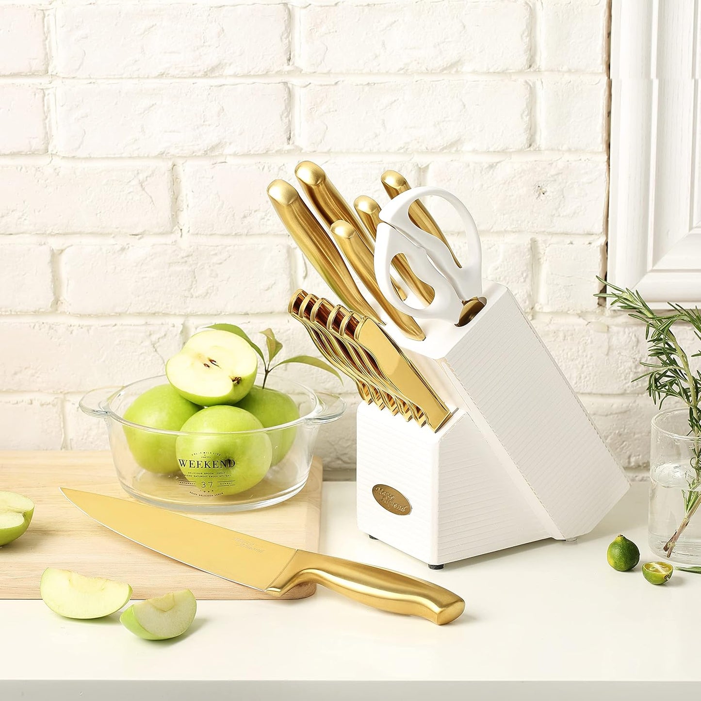 ® Gold Knife Set, Knife Block Set MA21,Titanium Coated 14 Pieces Stainless Steel Chef Gold Kitchen Knife Sets with White Block