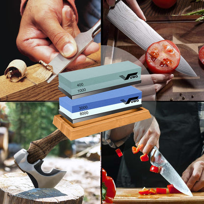 Knife Sharpening Stone Kit - Whetstone Dual Grit 400/1000 3000/8000 Premium Sharpener Set with Leather Strop, Flattening Stone, Honing Guide, Bamboo Base, Angle Guide, Cut Resistant Gloves
