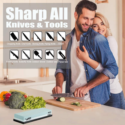 Knife Sharpening Stone Kit - Whetstone Dual Grit 400/1000 3000/8000 Premium Sharpener Set with Leather Strop, Flattening Stone, Honing Guide, Bamboo Base, Angle Guide, Cut Resistant Gloves