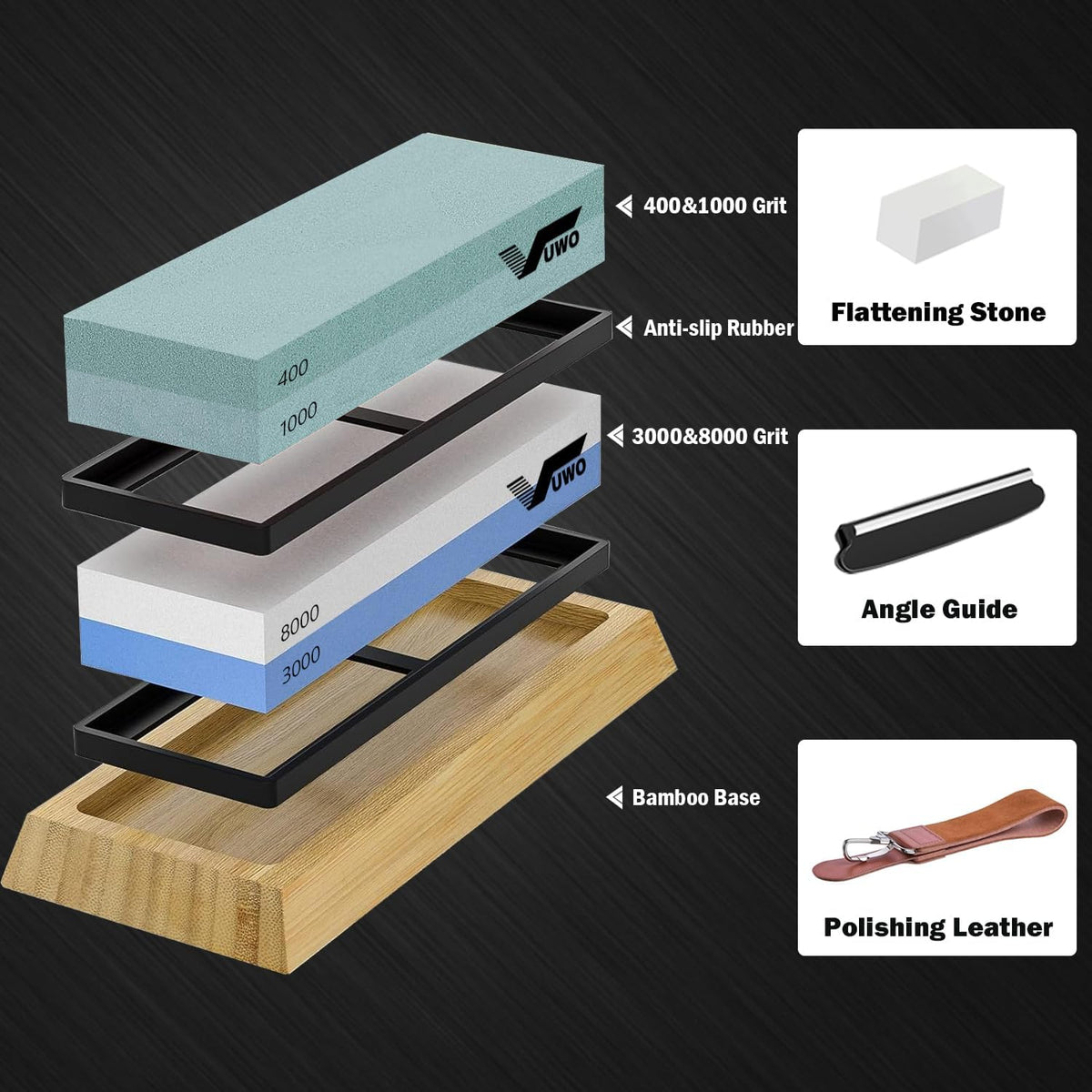 Knife Sharpening Stone Kit - Whetstone Dual Grit 400/1000 3000/8000 Premium Sharpener Set with Leather Strop, Flattening Stone, Honing Guide, Bamboo Base, Angle Guide, Cut Resistant Gloves