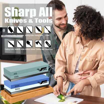 Knife Sharpening Stone Kit - Whetstone Dual Grit 400/1000 3000/8000 Premium Sharpener Set with Leather Strop, Flattening Stone, Honing Guide, Bamboo Base, Angle Guide, Cut Resistant Gloves
