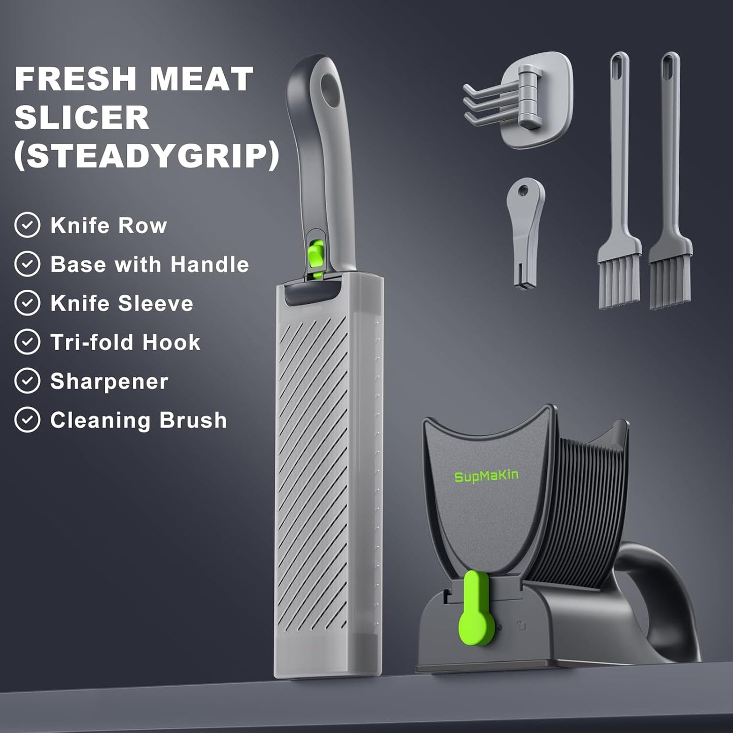 SupMaKin Fresh Meat Slicer with SteadyGrip, Adjustable 2/4 mm, 17 IN 1 | Stainless Steel Manual Meat Cutter, Cleaver Kitchen Knife, Jerky Slicer Suit for Chicken Breast Beef Pork