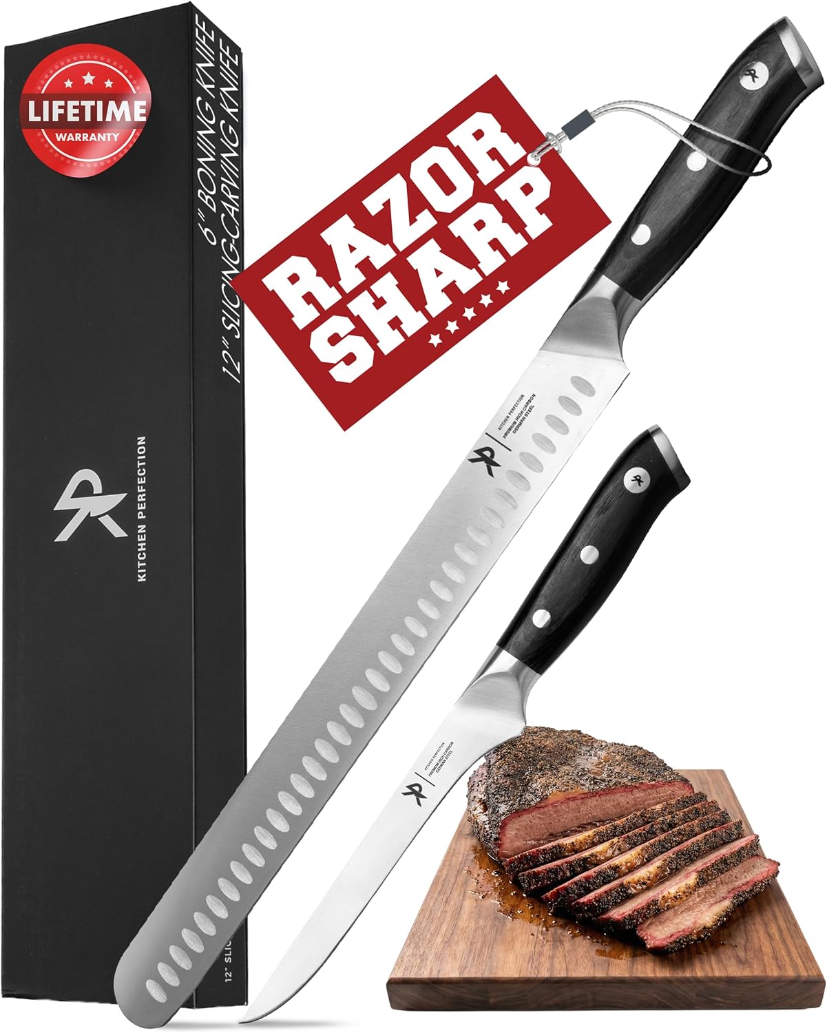 10” Butcher Breaking Knife for Meat Cutting, BBQ Brisket | With Sheath, Ultra Sharp, Premium German Steel, Granton Edge, Full Tang Ergonomic Handle.Great Carving Slicing & Fillet Knife
