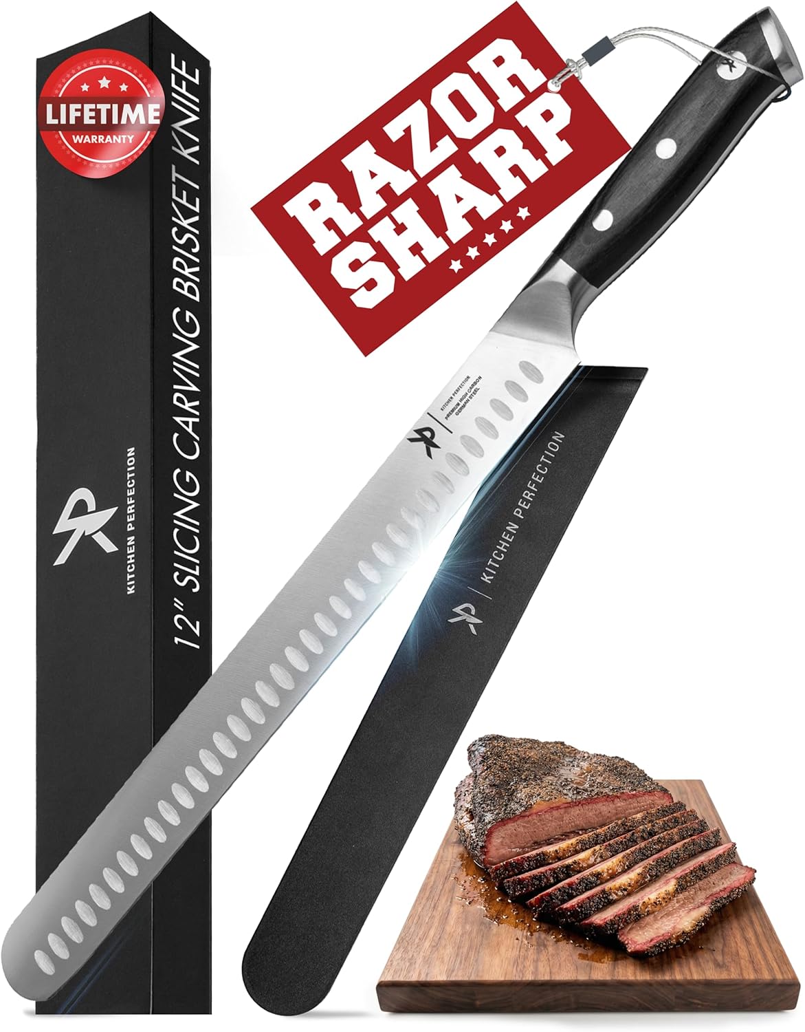 10” Butcher Breaking Knife for Meat Cutting, BBQ Brisket | With Sheath, Ultra Sharp, Premium German Steel, Granton Edge, Full Tang Ergonomic Handle.Great Carving Slicing & Fillet Knife
