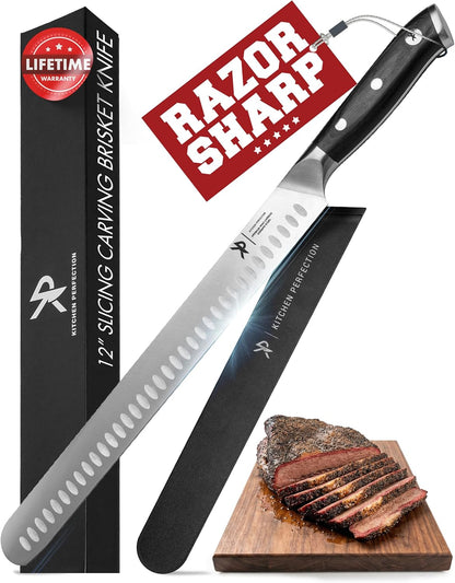 10” Butcher Breaking Knife for Meat Cutting, BBQ Brisket | With Sheath, Ultra Sharp, Premium German Steel, Granton Edge, Full Tang Ergonomic Handle.Great Carving Slicing & Fillet Knife