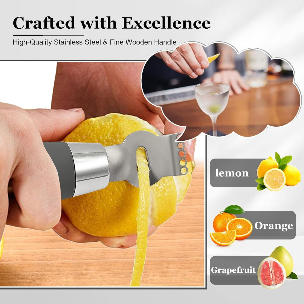 Channel Knife for Cocktails, Lemon Twist Tool and Citrus Peeler, Orange Peeler for Old Fashioned, Stainless Steel Bar Peeler with Walnut Handle for Home Bar Garnishes