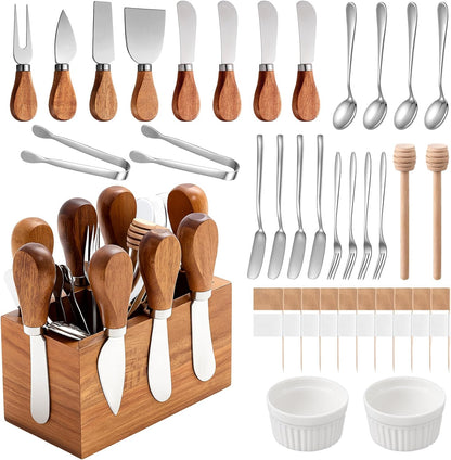 46 Pcs Charcuterie Boards Accessories with Magnetic Acacia Wood Holder Wooden Cheese Knife Set for Wood Handle Knives for Cheese Knife Slicer with Tongs, Spoons, Forks, Honey Dipper (Style 3)