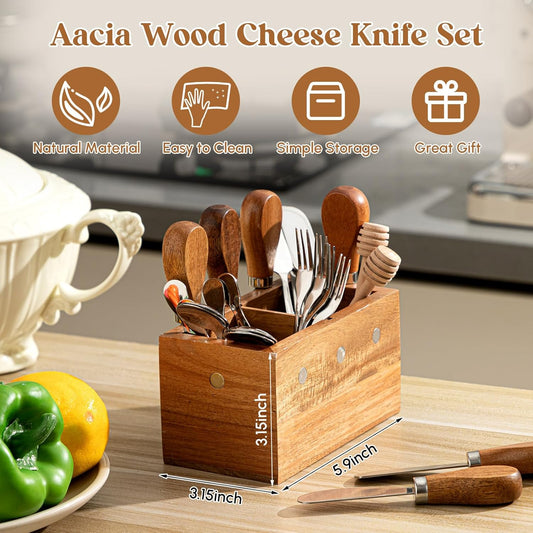 46 Pcs Charcuterie Boards Accessories with Magnetic Acacia Wood Holder Wooden Cheese Knife Set for Wood Handle Knives for Cheese Knife Slicer with Tongs, Spoons, Forks, Honey Dipper (Style 3)