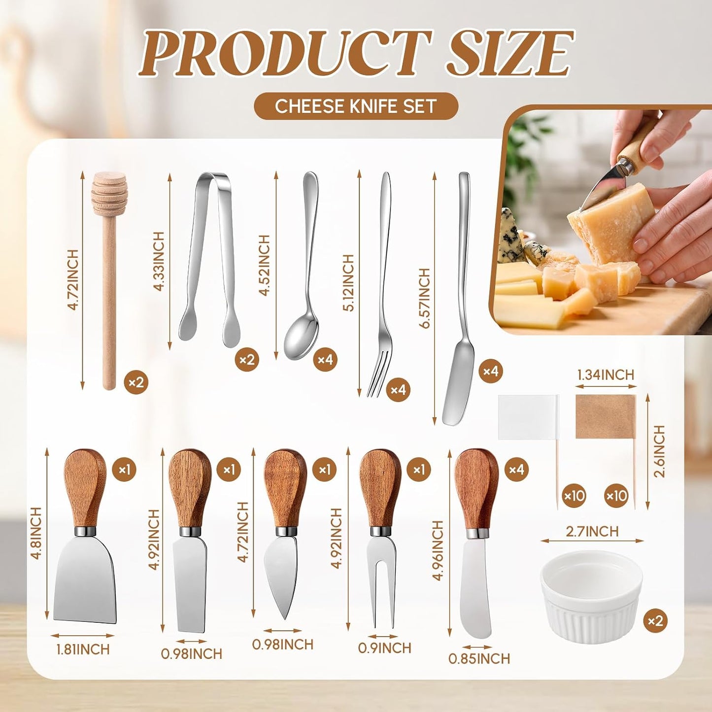 46 Pcs Charcuterie Boards Accessories with Magnetic Acacia Wood Holder Wooden Cheese Knife Set for Wood Handle Knives for Cheese Knife Slicer with Tongs, Spoons, Forks, Honey Dipper (Style 3)