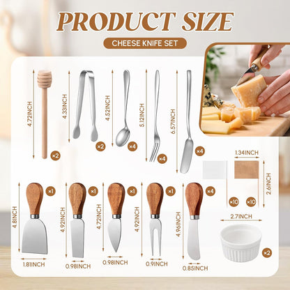 46 Pcs Charcuterie Boards Accessories with Magnetic Acacia Wood Holder Wooden Cheese Knife Set for Wood Handle Knives for Cheese Knife Slicer with Tongs, Spoons, Forks, Honey Dipper (Style 3)