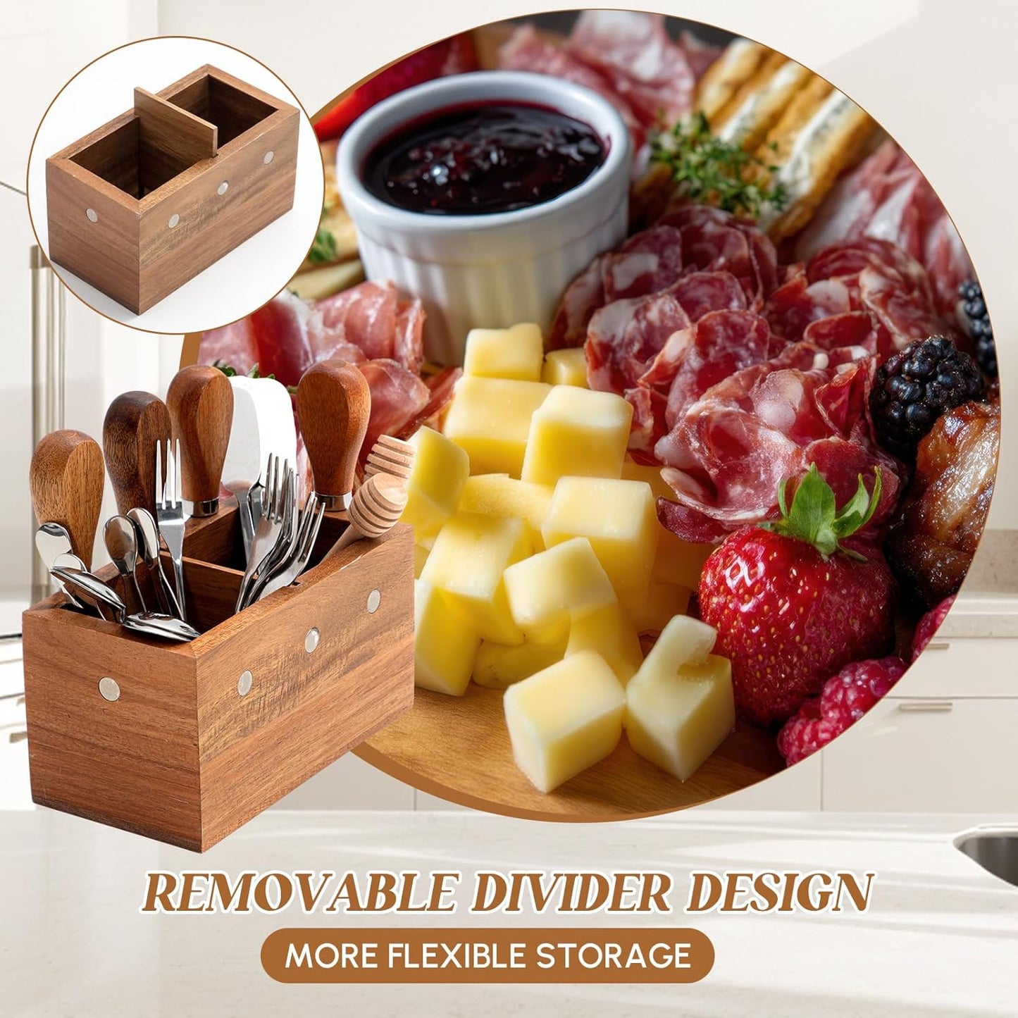 46 Pcs Charcuterie Boards Accessories with Magnetic Acacia Wood Holder Wooden Cheese Knife Set for Wood Handle Knives for Cheese Knife Slicer with Tongs, Spoons, Forks, Honey Dipper (Style 3)