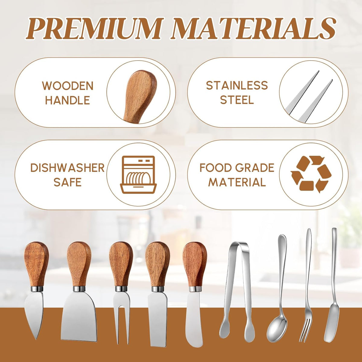 46 Pcs Charcuterie Boards Accessories with Magnetic Acacia Wood Holder Wooden Cheese Knife Set for Wood Handle Knives for Cheese Knife Slicer with Tongs, Spoons, Forks, Honey Dipper (Style 3)