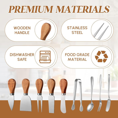 46 Pcs Charcuterie Boards Accessories with Magnetic Acacia Wood Holder Wooden Cheese Knife Set for Wood Handle Knives for Cheese Knife Slicer with Tongs, Spoons, Forks, Honey Dipper (Style 3)