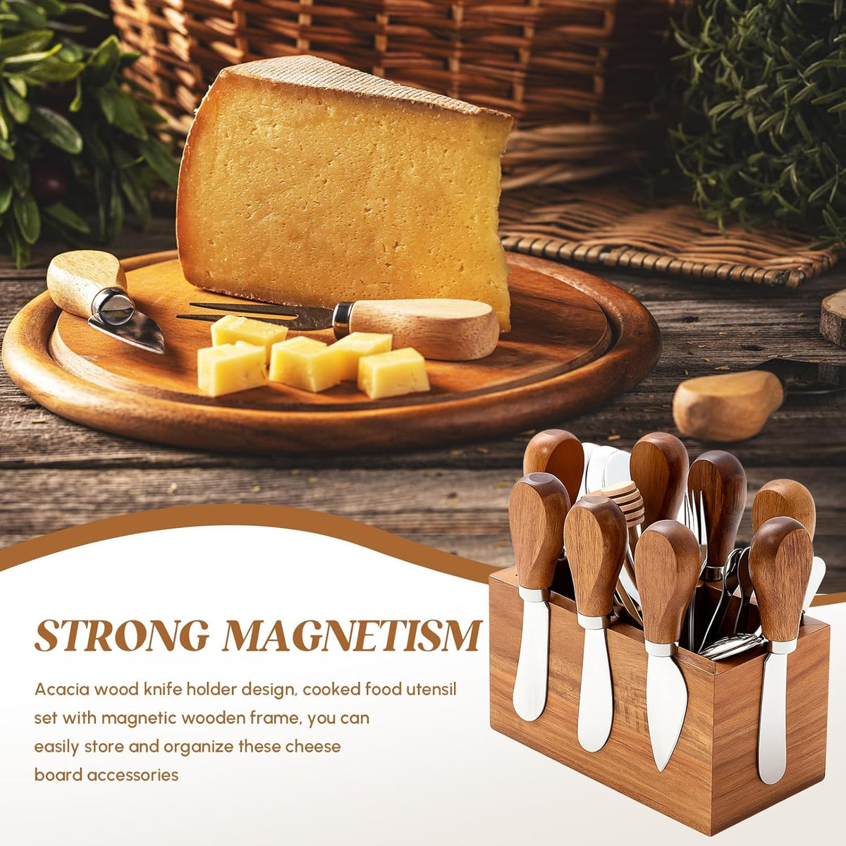 46 Pcs Charcuterie Boards Accessories with Magnetic Acacia Wood Holder Wooden Cheese Knife Set for Wood Handle Knives for Cheese Knife Slicer with Tongs, Spoons, Forks, Honey Dipper (Style 3)