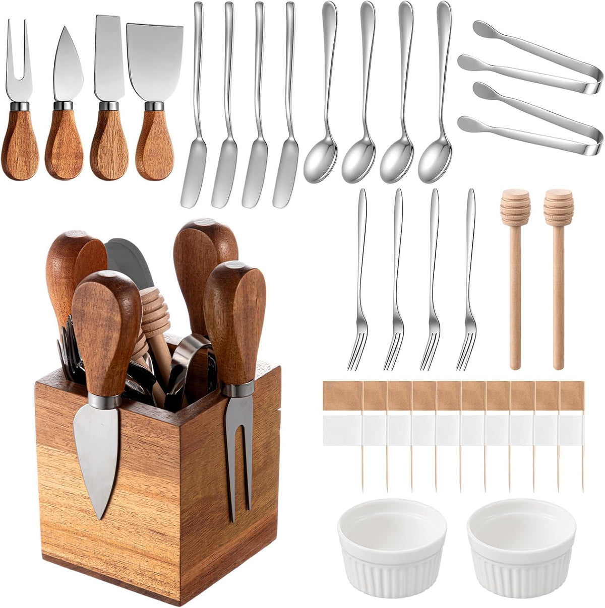 46 Pcs Charcuterie Boards Accessories with Magnetic Acacia Wood Holder Wooden Cheese Knife Set for Wood Handle Knives for Cheese Knife Slicer with Tongs, Spoons, Forks, Honey Dipper (Style 3)