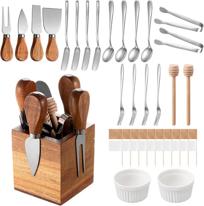 46 Pcs Charcuterie Boards Accessories with Magnetic Acacia Wood Holder Wooden Cheese Knife Set for Wood Handle Knives for Cheese Knife Slicer with Tongs, Spoons, Forks, Honey Dipper (Style 3)