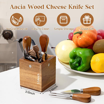 46 Pcs Charcuterie Boards Accessories with Magnetic Acacia Wood Holder Wooden Cheese Knife Set for Wood Handle Knives for Cheese Knife Slicer with Tongs, Spoons, Forks, Honey Dipper (Style 3)
