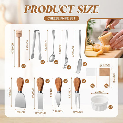 46 Pcs Charcuterie Boards Accessories with Magnetic Acacia Wood Holder Wooden Cheese Knife Set for Wood Handle Knives for Cheese Knife Slicer with Tongs, Spoons, Forks, Honey Dipper (Style 3)