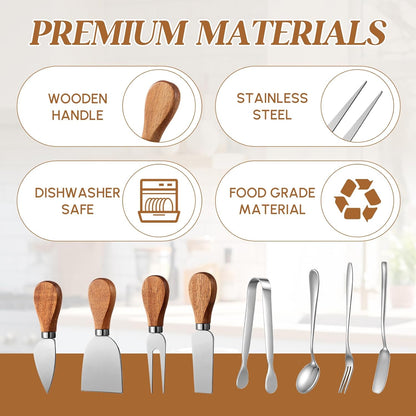 46 Pcs Charcuterie Boards Accessories with Magnetic Acacia Wood Holder Wooden Cheese Knife Set for Wood Handle Knives for Cheese Knife Slicer with Tongs, Spoons, Forks, Honey Dipper (Style 3)