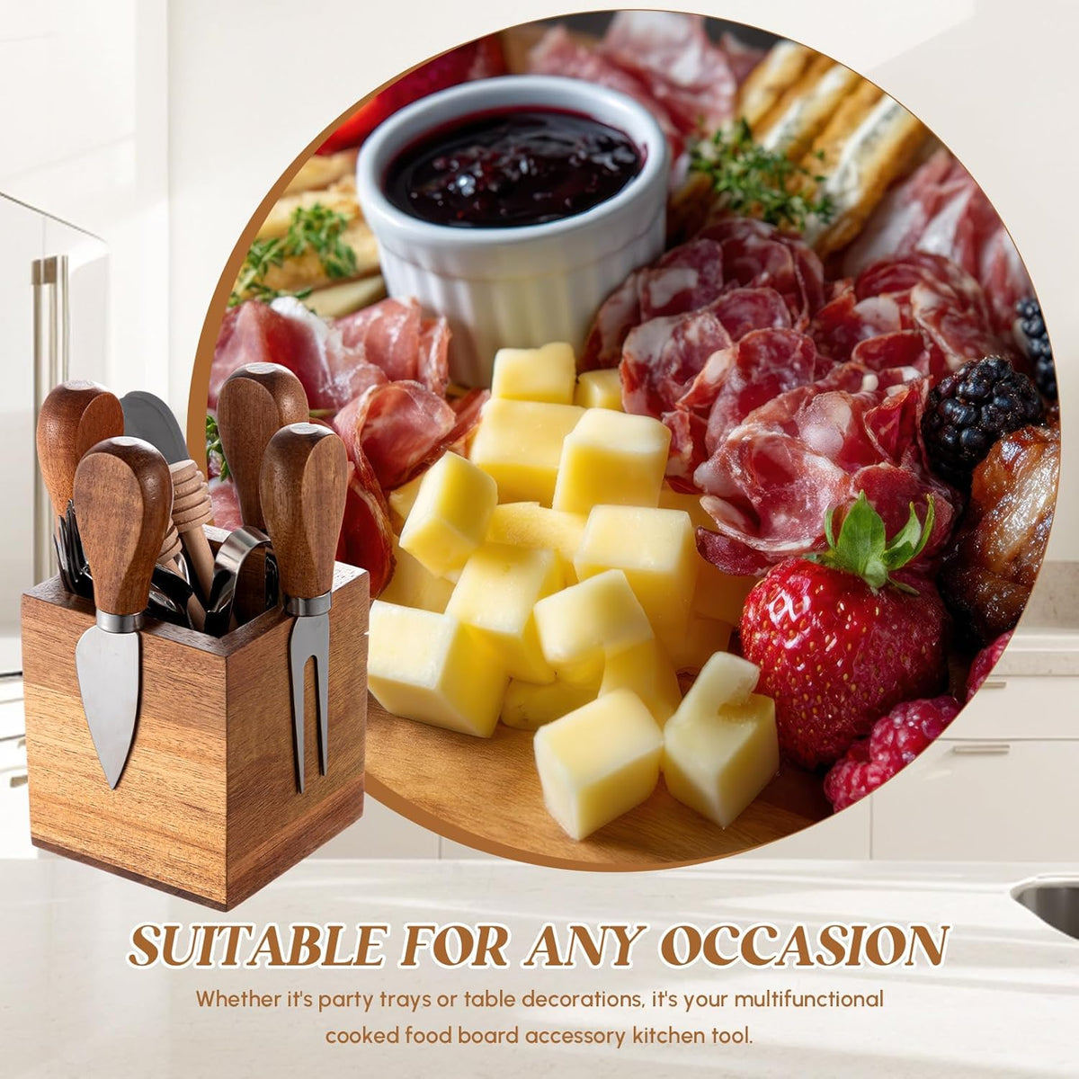 46 Pcs Charcuterie Boards Accessories with Magnetic Acacia Wood Holder Wooden Cheese Knife Set for Wood Handle Knives for Cheese Knife Slicer with Tongs, Spoons, Forks, Honey Dipper (Style 3)