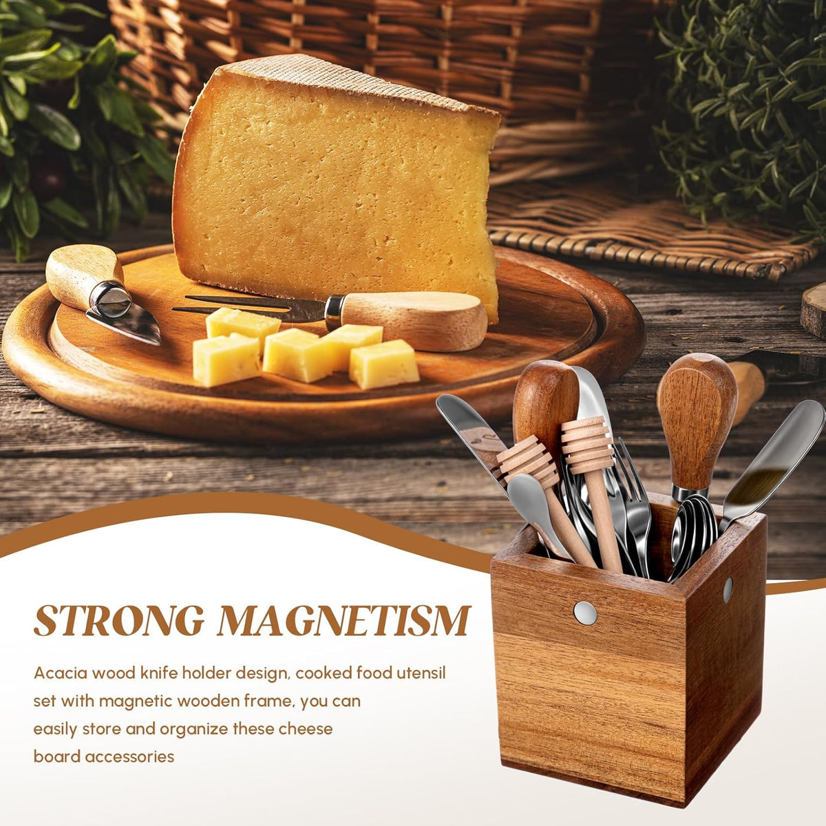 46 Pcs Charcuterie Boards Accessories with Magnetic Acacia Wood Holder Wooden Cheese Knife Set for Wood Handle Knives for Cheese Knife Slicer with Tongs, Spoons, Forks, Honey Dipper (Style 3)