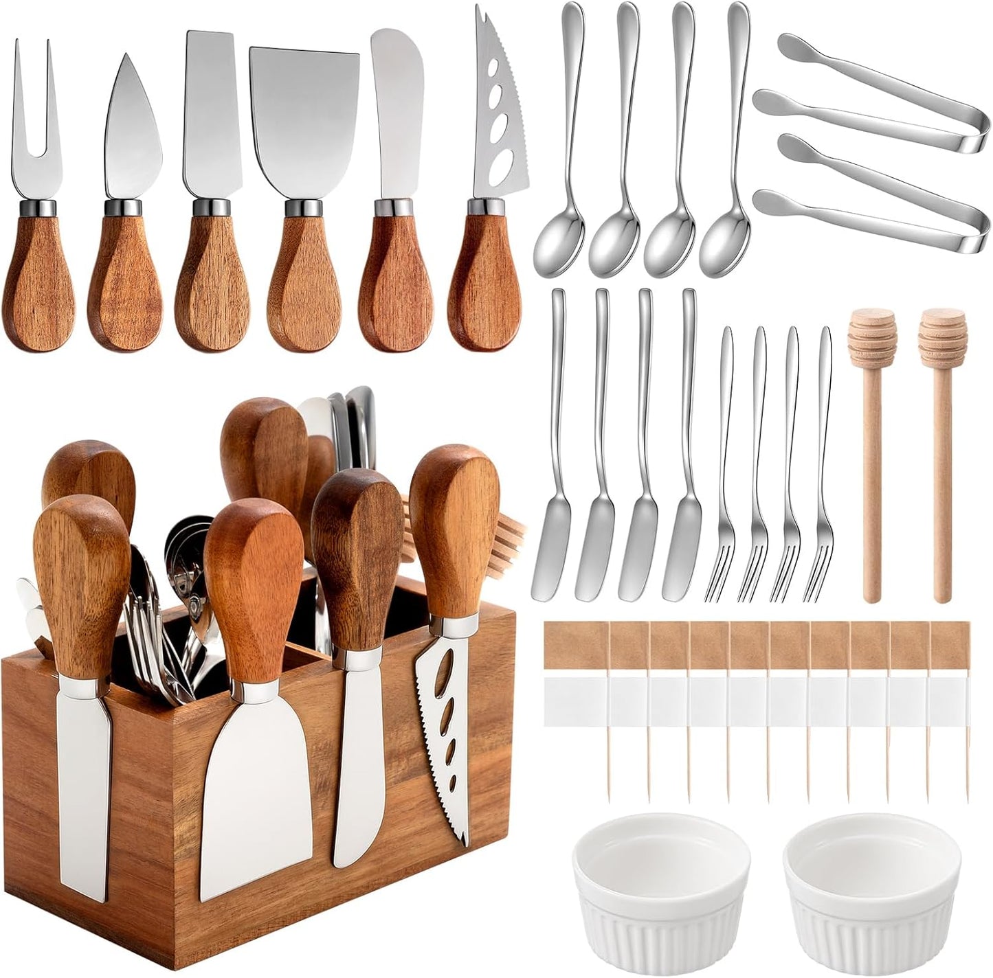 46 Pcs Charcuterie Boards Accessories with Magnetic Acacia Wood Holder Wooden Cheese Knife Set for Wood Handle Knives for Cheese Knife Slicer with Tongs, Spoons, Forks, Honey Dipper (Style 3)