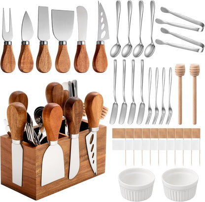 46 Pcs Charcuterie Boards Accessories with Magnetic Acacia Wood Holder Wooden Cheese Knife Set for Wood Handle Knives for Cheese Knife Slicer with Tongs, Spoons, Forks, Honey Dipper (Style 3)