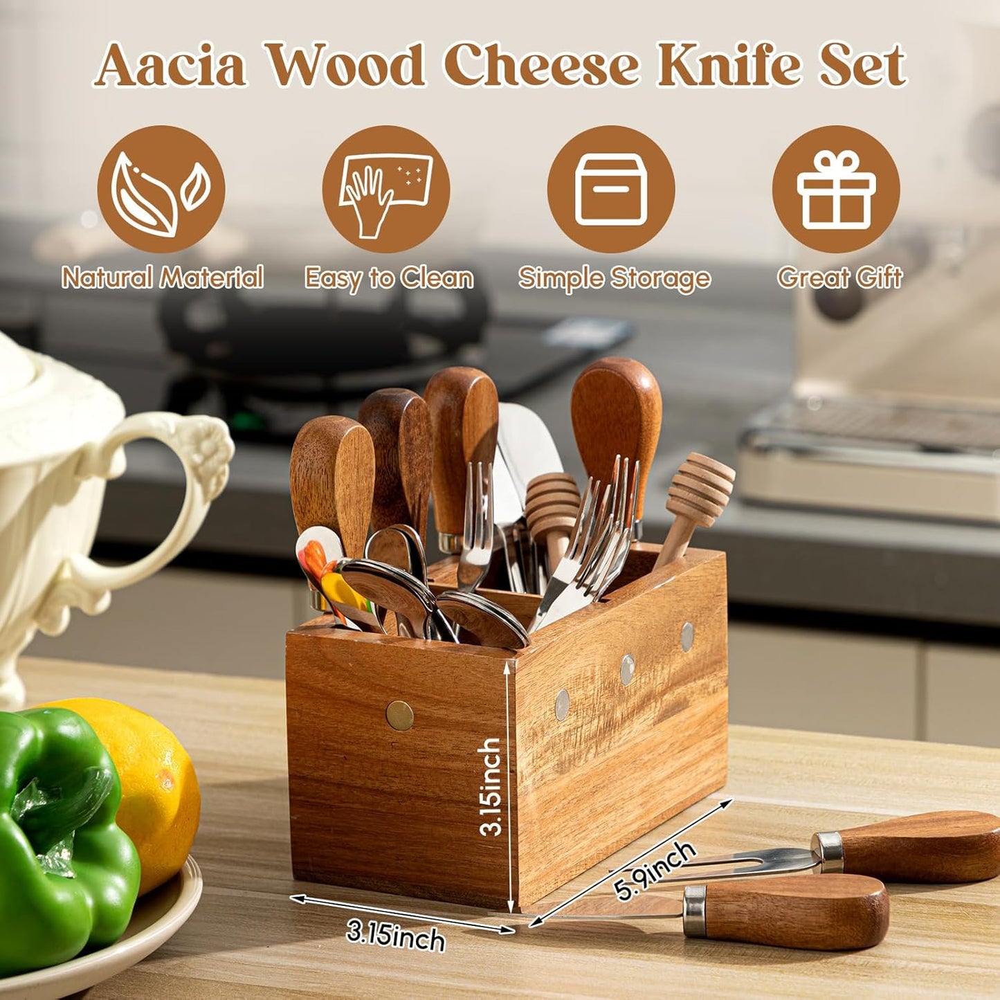 46 Pcs Charcuterie Boards Accessories with Magnetic Acacia Wood Holder Wooden Cheese Knife Set for Wood Handle Knives for Cheese Knife Slicer with Tongs, Spoons, Forks, Honey Dipper (Style 3)