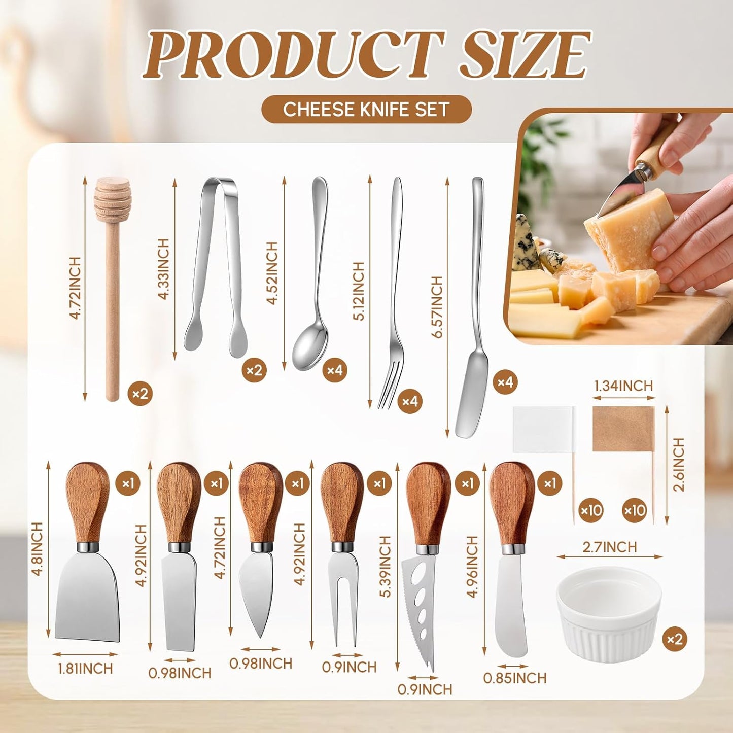 46 Pcs Charcuterie Boards Accessories with Magnetic Acacia Wood Holder Wooden Cheese Knife Set for Wood Handle Knives for Cheese Knife Slicer with Tongs, Spoons, Forks, Honey Dipper (Style 3)