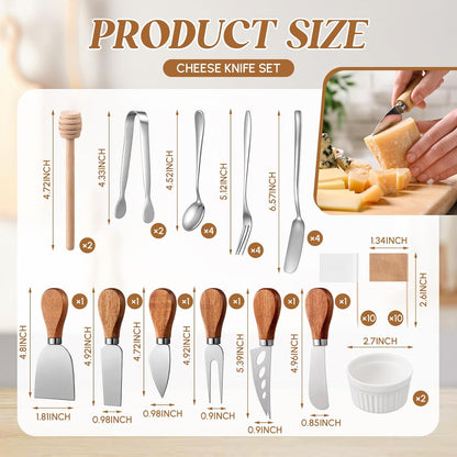 46 Pcs Charcuterie Boards Accessories with Magnetic Acacia Wood Holder Wooden Cheese Knife Set for Wood Handle Knives for Cheese Knife Slicer with Tongs, Spoons, Forks, Honey Dipper (Style 3)
