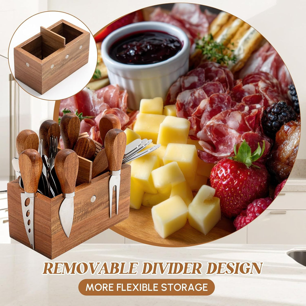 46 Pcs Charcuterie Boards Accessories with Magnetic Acacia Wood Holder Wooden Cheese Knife Set for Wood Handle Knives for Cheese Knife Slicer with Tongs, Spoons, Forks, Honey Dipper (Style 3)