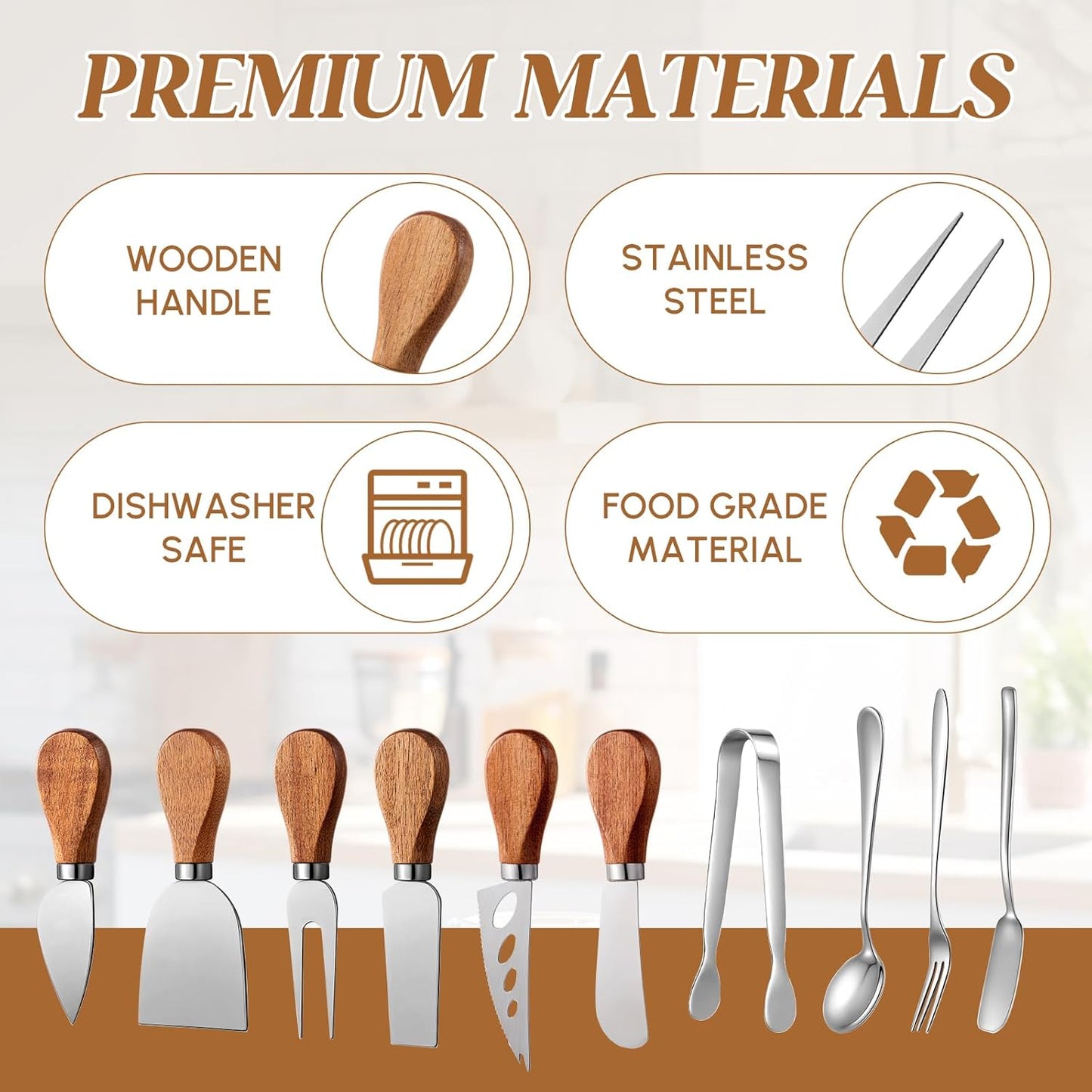 46 Pcs Charcuterie Boards Accessories with Magnetic Acacia Wood Holder Wooden Cheese Knife Set for Wood Handle Knives for Cheese Knife Slicer with Tongs, Spoons, Forks, Honey Dipper (Style 3)