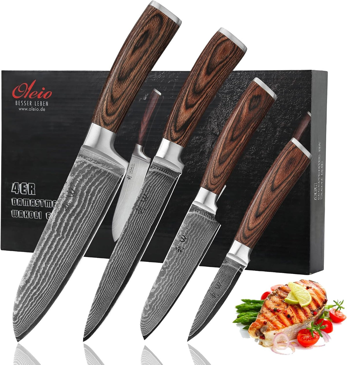 EDIB 4-Piece Damascus Kitchen Knife Set, Elegant Wooden Gift Box