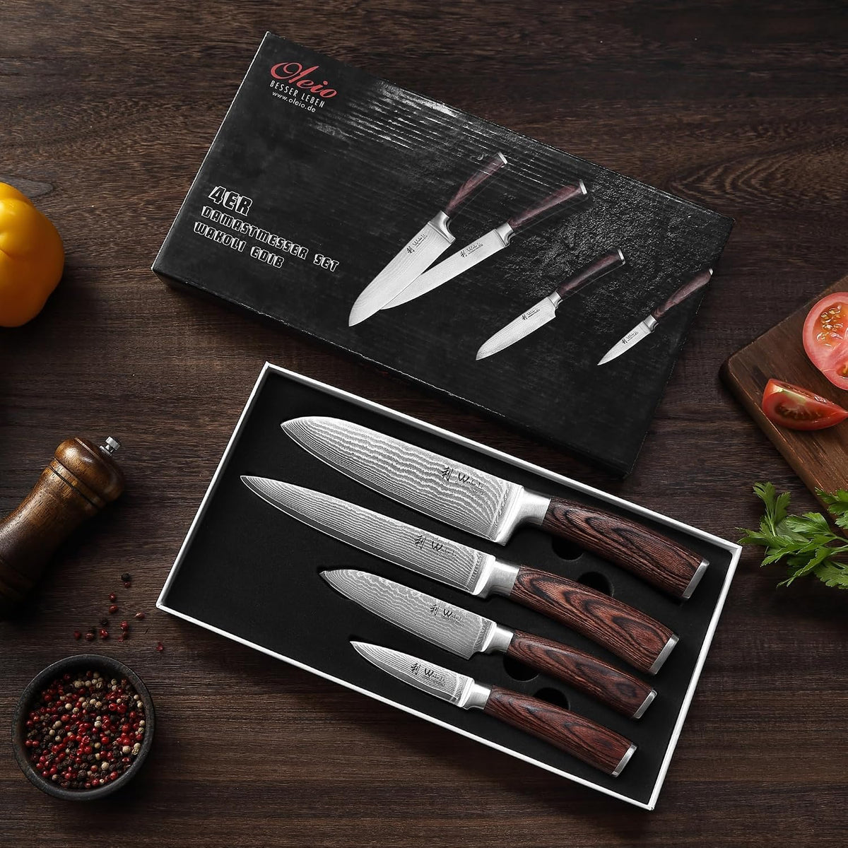 EDIB 4-Piece Damascus Kitchen Knife Set, Elegant Wooden Gift Box