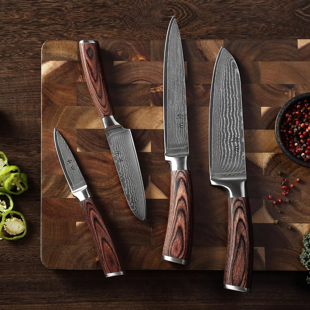 EDIB 4-Piece Damascus Kitchen Knife Set, Elegant Wooden Gift Box