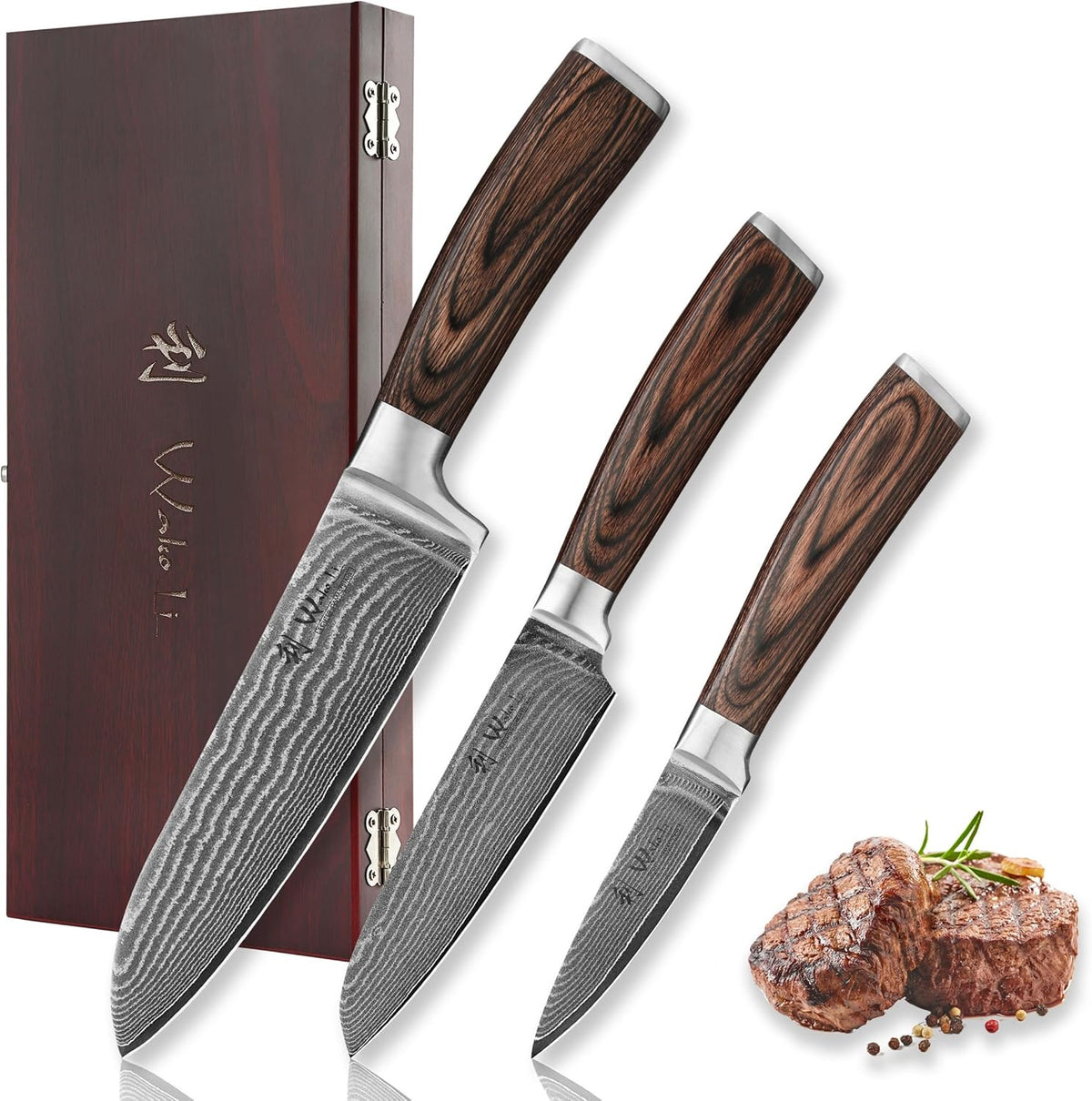 EDIB 4-Piece Damascus Kitchen Knife Set, Elegant Wooden Gift Box