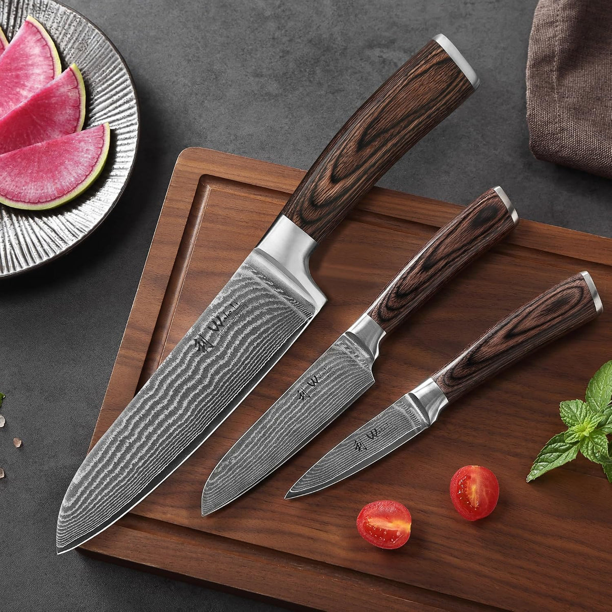 EDIB 4-Piece Damascus Kitchen Knife Set, Elegant Wooden Gift Box