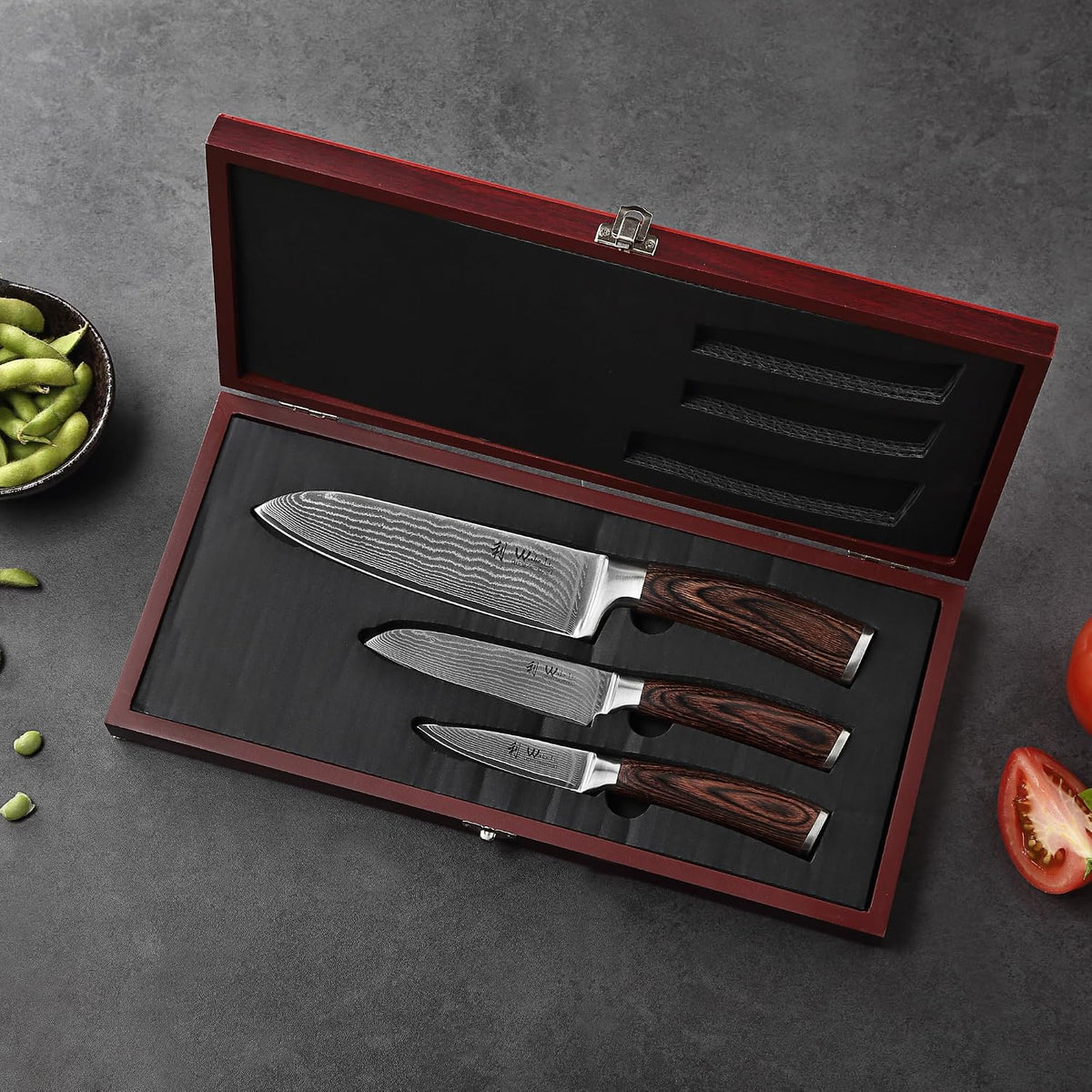 EDIB 4-Piece Damascus Kitchen Knife Set, Elegant Wooden Gift Box