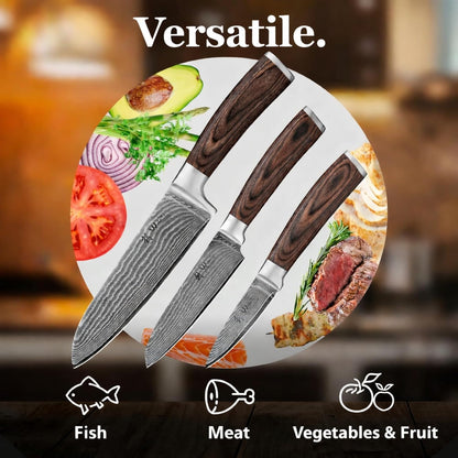 EDIB 4-Piece Damascus Kitchen Knife Set, Elegant Wooden Gift Box
