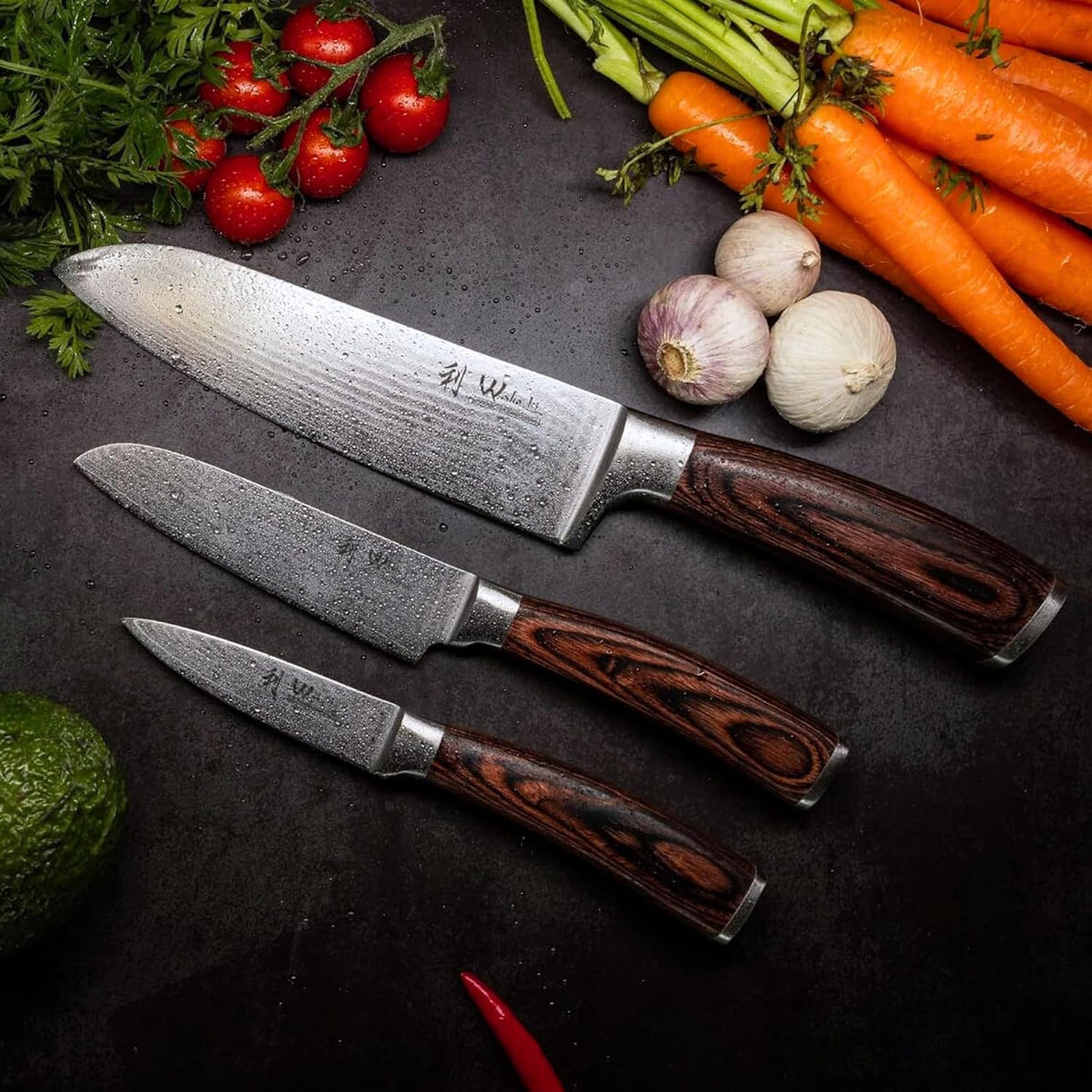 EDIB 4-Piece Damascus Kitchen Knife Set, Elegant Wooden Gift Box
