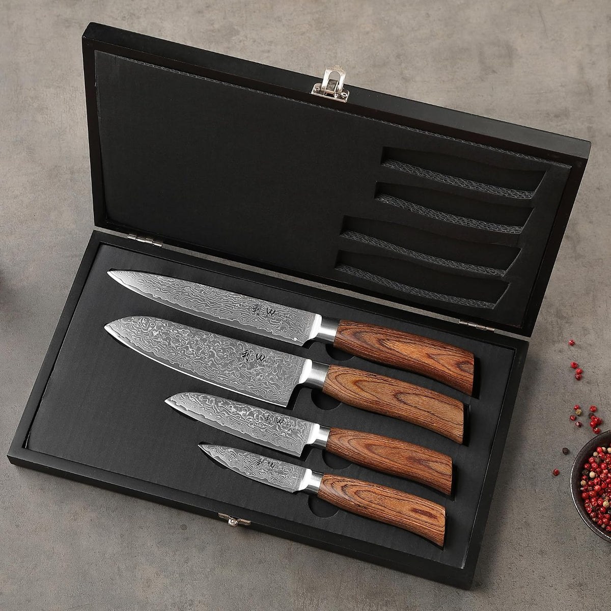 EDIB 4-Piece Damascus Kitchen Knife Set, Elegant Wooden Gift Box