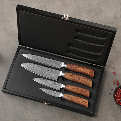 EDIB 4-Piece Damascus Kitchen Knife Set, Elegant Wooden Gift Box